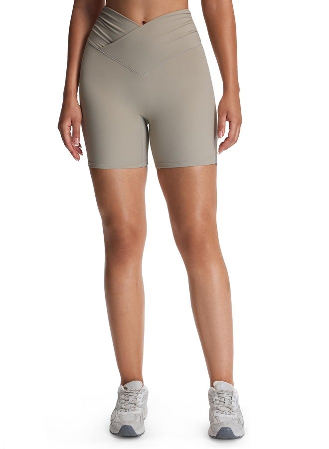 Aoxjox Venus Workout Biker Shorts for Women Cross-Waist Tummy Control High Waisted Hidden Scrunch Yoga Short 6" (Mink, Small) - Image 2